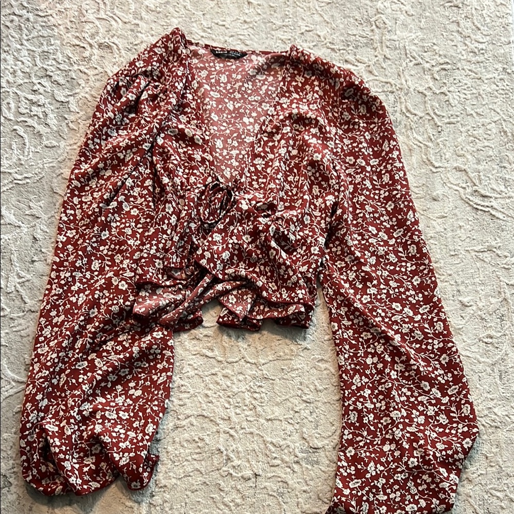Red Bishop Sleeve Blouse with Tie Front and Ruffled Details